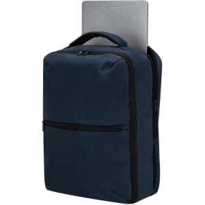 A navy backpack with a sleek design, featuring a zippered compartment and a handle, holding a laptop inside.