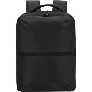 A black backpack with a top handle and adjustable straps, featuring a front zip pocket and a simple design.