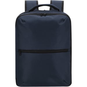 A navy blue backpack with a front zip pocket and shoulder straps, featuring a logo on the exterior.