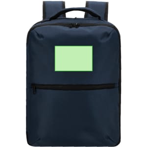 A navy blue backpack with adjustable straps and a front zip pocket. It features an empty area for branding or design.