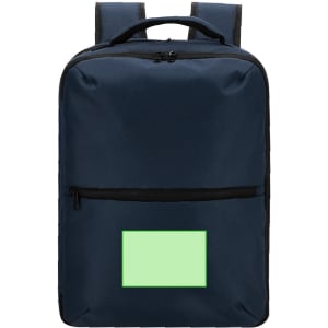 A navy blue backpack with a front zip pocket and a branded logo. The design features a rectangular area for customisation.