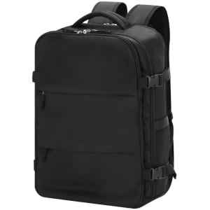 A black vacuum backpack features adjustable straps, multiple compartments, and a sleek design, with a logo present.