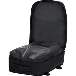 A black vacuum backpack with a zipped compartment and a logo on the front.