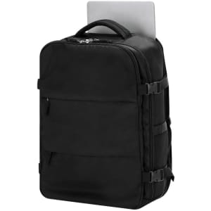 A black vacuum backpack featuring multiple compartments and a handle on top, with a laptop secured inside.