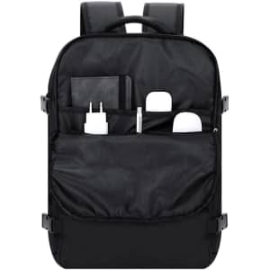 A black backpack features multiple pockets, including compartments for a passport, charger, and various accessories.