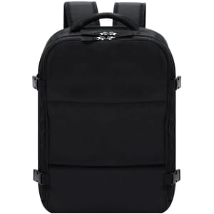 A black backpack with a sleek design, featuring adjustable straps and a logo on the front.