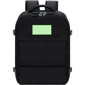 A black backpack with adjustable straps and a front pocket featuring a blank green label.