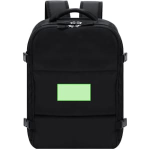 A black backpack with adjustable straps and a front pocket featuring a green area. It has a logo on it.