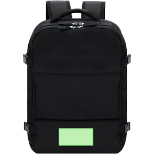 A black backpack with adjustable straps, featuring a logo and a green patch on the front.