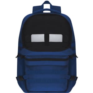 A blue backpack with a spacious main compartment, black interior, and front zip pockets. It features adjustable straps and a logo.
