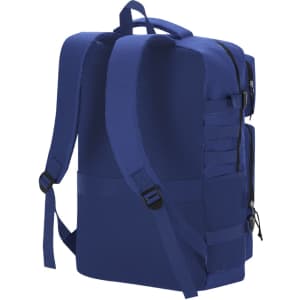 A navy blue backpack with padded straps, zippered compartments, and a textured surface. It features a logo on the front.