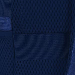 A close-up of a navy blue backpack featuring mesh material and webbing detail. The backpack has a logo.