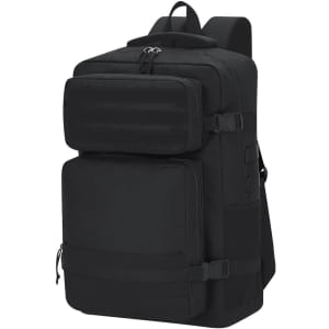 A black backpack featuring multiple compartments, adjustable straps, and a logo on the front.