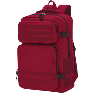 A red backpack with multiple compartments, zippered pockets, and a mesh side pocket. It features a logo on the front.