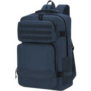 A navy blue backpack with multiple compartments and a front pocket, featuring a logo and adjustable straps.