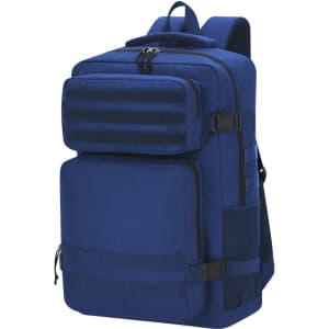 A blue backpack featuring multiple compartments, adjustable straps, and a branded logo.