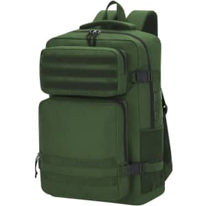 A green backpack featuring multiple compartments, straps, and a logo. Ideal for carrying a variety of items.