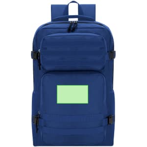 A blue backpack with multiple compartments, adjustable straps, and a front patch area for a logo or label.