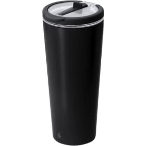 A drink bottle in matte black, featuring a clear lid and a logo, designed for insulation.