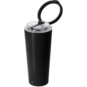 A drink bottle with a sleek black insulated design, featuring a clear lid and a drinking straw. Includes a logo.