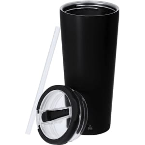 A drink bottle in black with a removable lid and clear straw, featuring a logo on the side.