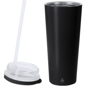 A drink bottle in matte black stainless steel with a clear lid and straw, featuring a logo on the side.