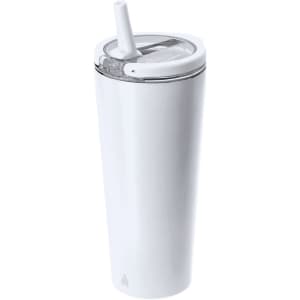 A drink bottle in white, featuring a straw and a lid with a clear section, includes a logo.