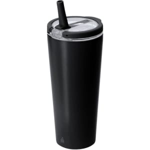 A drink bottle in matte black with a clear lid and a straw, featuring a logo on the side.