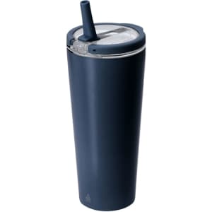 A drink bottle in navy blue with a straw lid and a clear top, featuring a logo on the body.