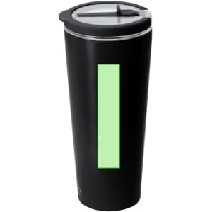 A drink bottle featuring a sleek black design with a transparent lid and a green accent. It has a logo.