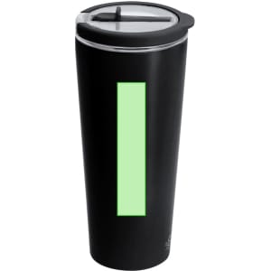A drink bottle with a sleek black finish and a transparent lid, featuring a green accent. It includes a logo.