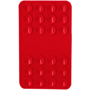 A red silicone phone stand with multiple raised circular grips for stability. It features a logo on one side.