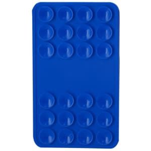 A blue silicone phone stand featuring a textured surface with circular bumps. It has a branding logo on it.