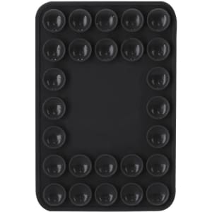 A black phone holder featuring multiple circular compartments arranged in a rectangular shape.