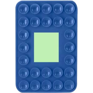 A blue car phone holder with a square center and raised circular elements around the edges, featuring a logo.