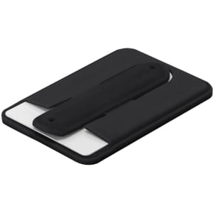 A black card holder stand with a sleek design, featuring pockets for cards and a central stand element.