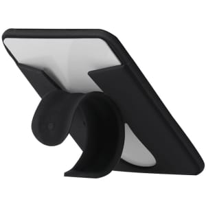 A black Roch Card Holder Stand with a smooth surface and supportive design for holding devices.