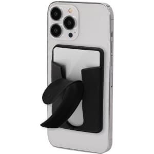 A black Roch Card Holder Stand attached to a white smartphone, designed for holding cards and providing support.