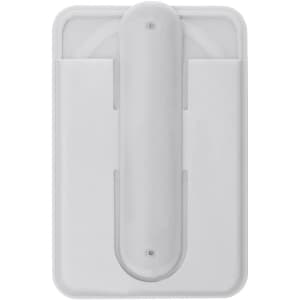 A white Roch Card Holder Stand with a logo, featuring a slim design for holding cards or phones.
