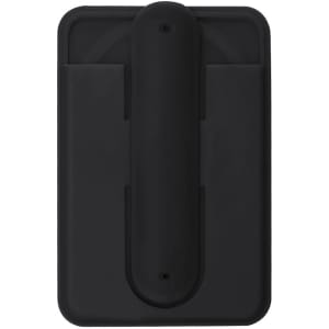 A black Roch Card Holder Stand with a sleek, minimalist design, featuring a central holder and side pockets.