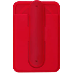A red card holder stand with a central grip and two side pockets, designed for holding phones.