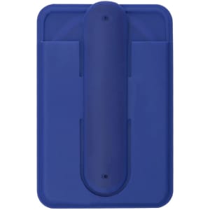 A blue Roch Card Holder Stand with a curved handle and two card slots. Features a logo on the front.