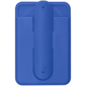 A blue Roch Card Holder Stand with a central support and slots for cards. It features a logo on the surface.