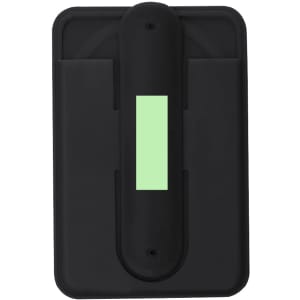 A black card holder stand with a green section, featuring a logo at the top. Designed for phones and technology.