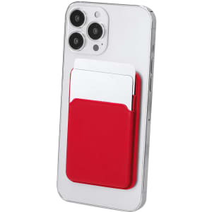 A phone with a red card holder attachment, showcasing a sleek design and space for cards. Features a logo.