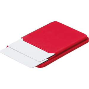 A red card holder featuring two slots for cards, with a smooth finish and a branding logo.