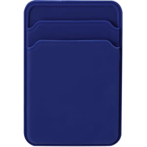 A navy blue card holder with two pockets for storing cards, featuring a logo on the surface.
