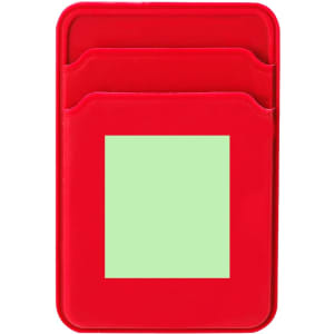 A red card holder with two slots and a blank green area in the centre, featuring a logo on the front.