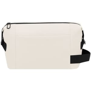 A cream toiletry bag with a black zipper and strap, featuring a sleek and simple design. It has a logo on one side.