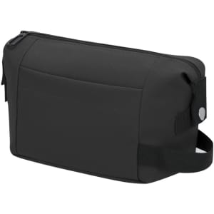 A black toiletry bag with a zip closure, featuring a side handle and a front pocket. It includes branding on the surface.